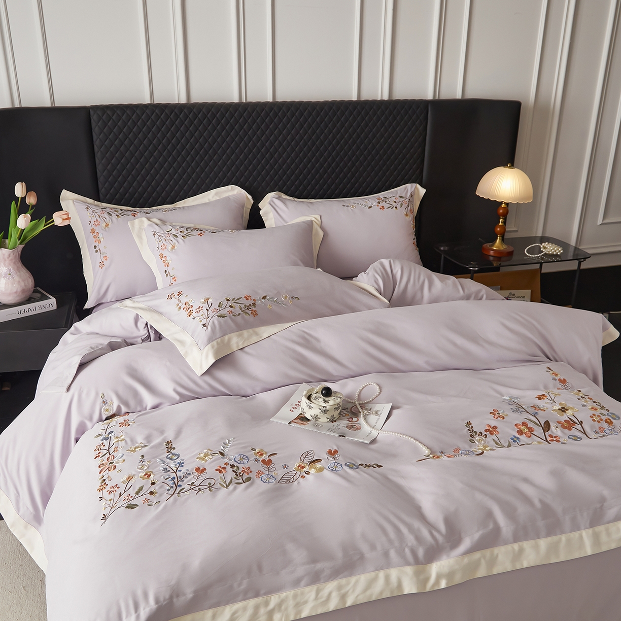 91家纺网 家纺一手货源 找家纺 遇见家居生活馆 2026新款罗云棉刺绣四件套-春日茶会 奶油香芋紫