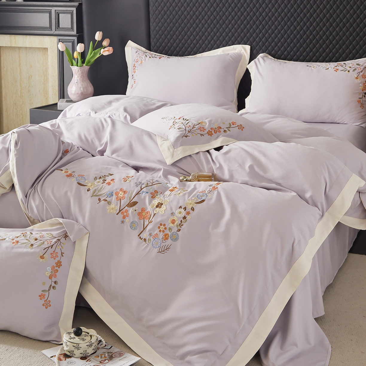 91家纺网 家纺一手货源 找家纺 遇见家居生活馆 2026新款罗云棉刺绣四件套-春日茶会 奶油香芋紫