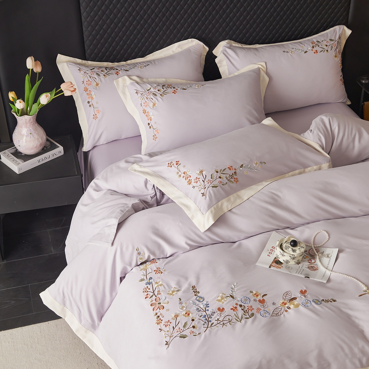 91家纺网 家纺一手货源 找家纺 遇见家居生活馆 2026新款罗云棉刺绣四件套-春日茶会 奶油香芋紫