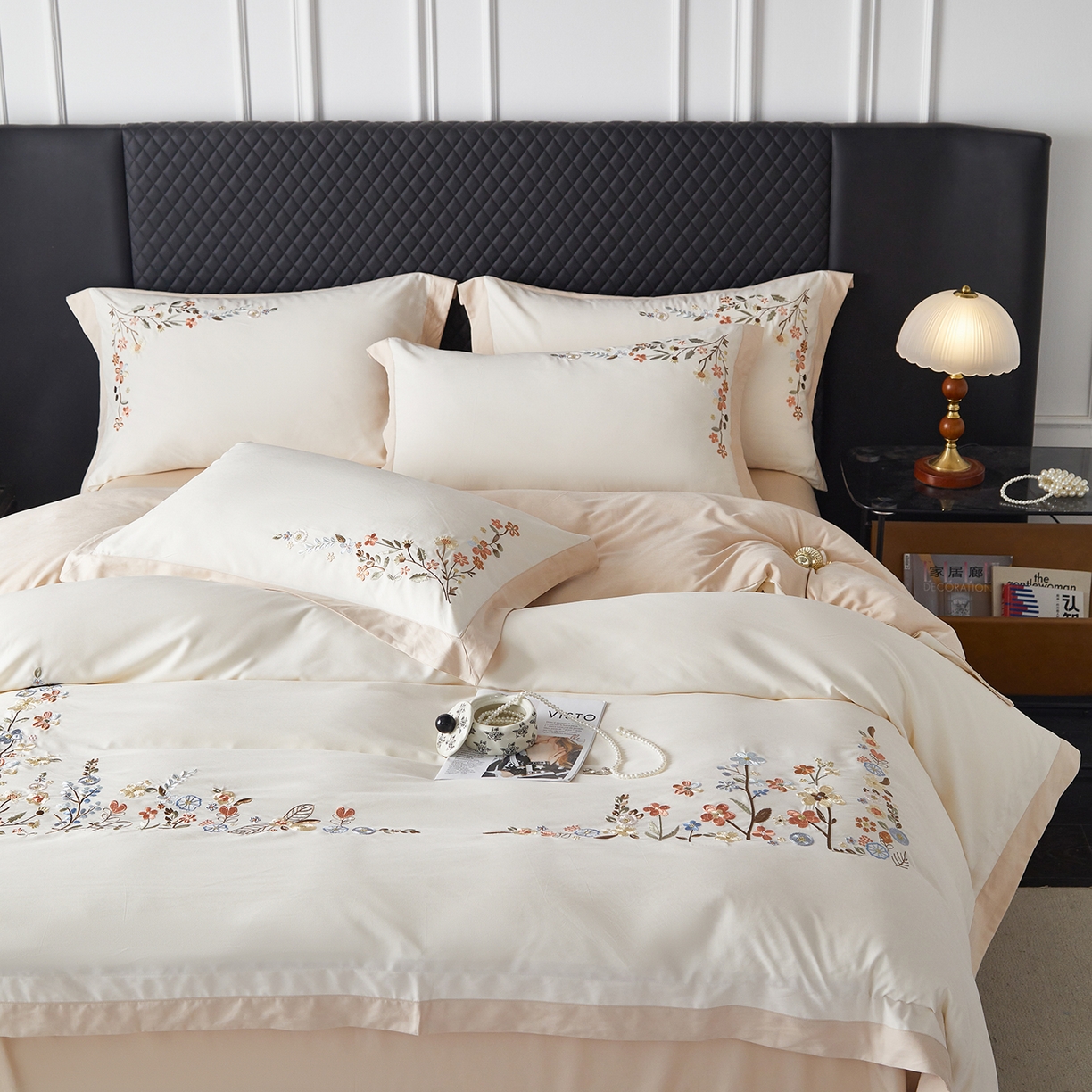 91家纺网 家纺一手货源 找家纺 遇见家居生活馆 2026新款罗云棉刺绣四件套-春日茶会 乳白+麦芽糖