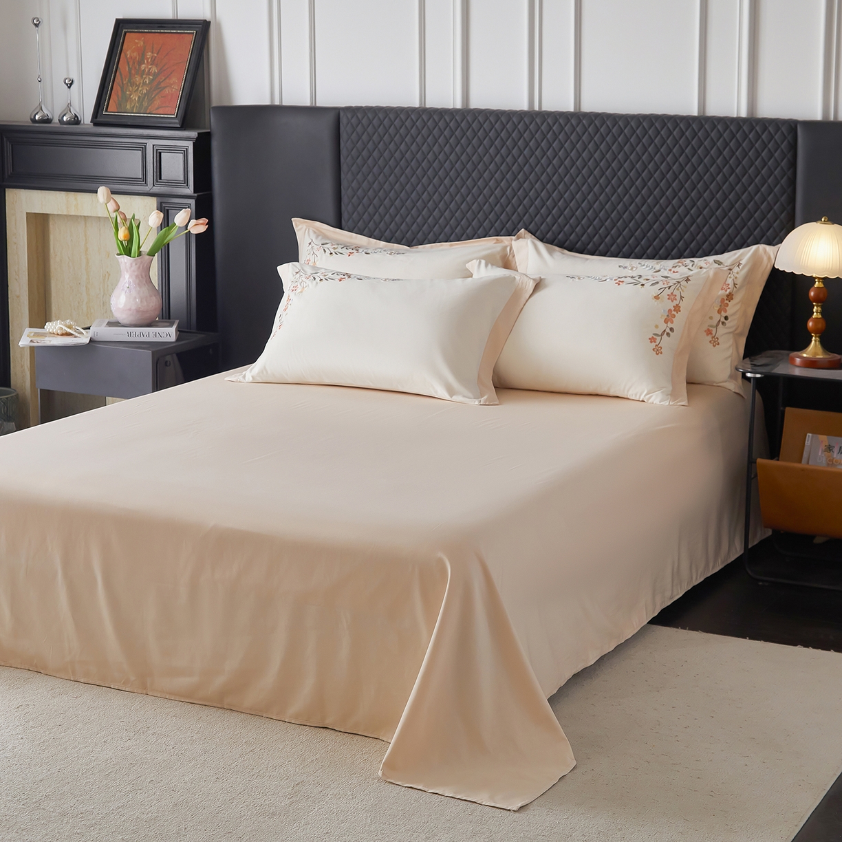 91家纺网 家纺一手货源 找家纺 遇见家居生活馆 2026新款罗云棉刺绣四件套-春日茶会 乳白+麦芽糖