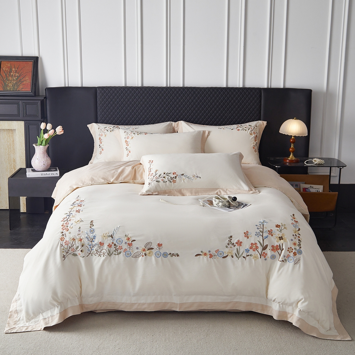 91家纺网 家纺一手货源 找家纺 遇见家居生活馆 2026新款罗云棉刺绣四件套-春日茶会 乳白+麦芽糖