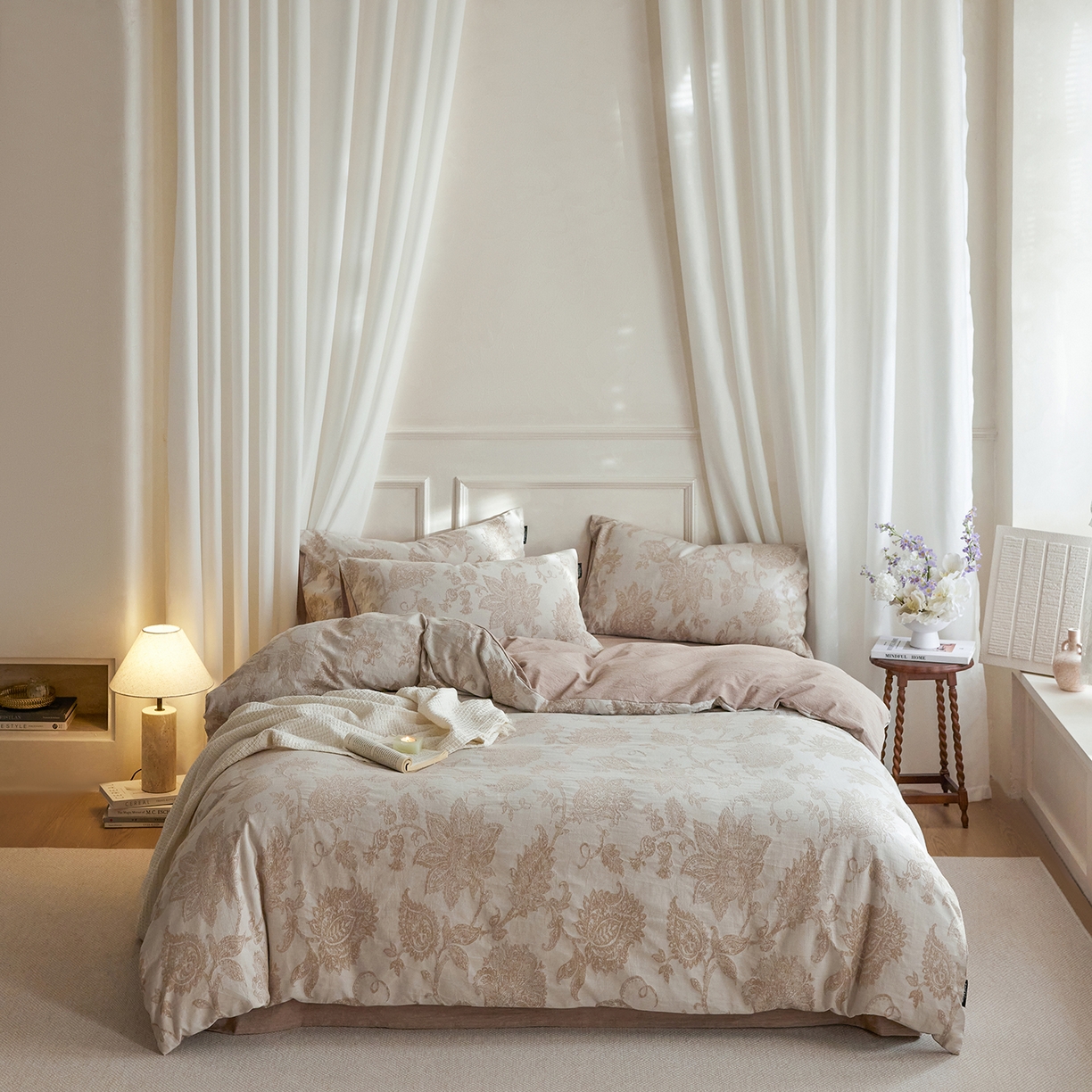 风向标家纺 2026新款厚织提花麻感水洗全棉四件套-风格二 奈予-驼麻