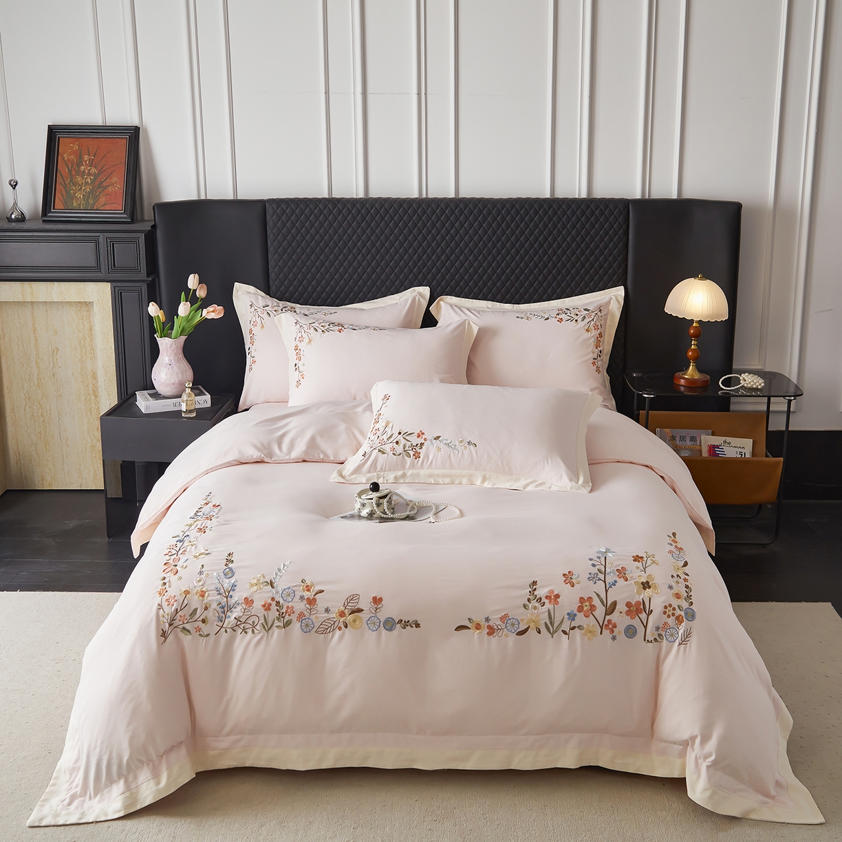 91家纺网 家纺一手货源 找家纺 遇见家居生活馆 2026新款罗云棉刺绣四件套-春日茶会 山茶粉