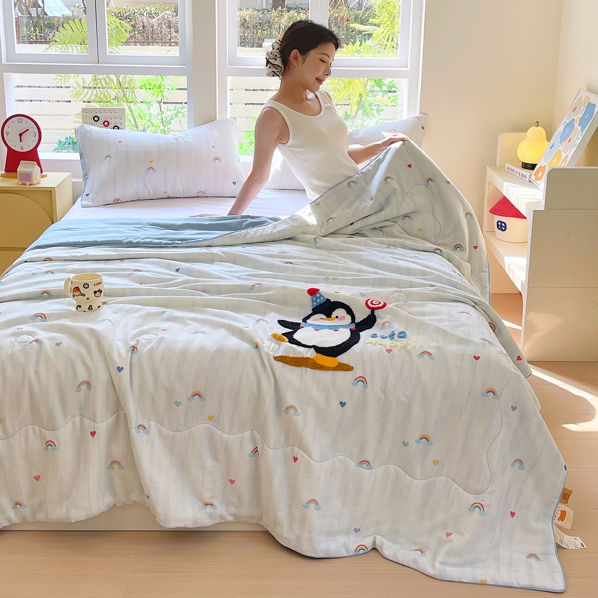 91家纺网 家纺一手货源 找家纺 （总）莱宁被业 2026新款原创设计A类全棉有氧双层纱毛巾绣大豆夏被