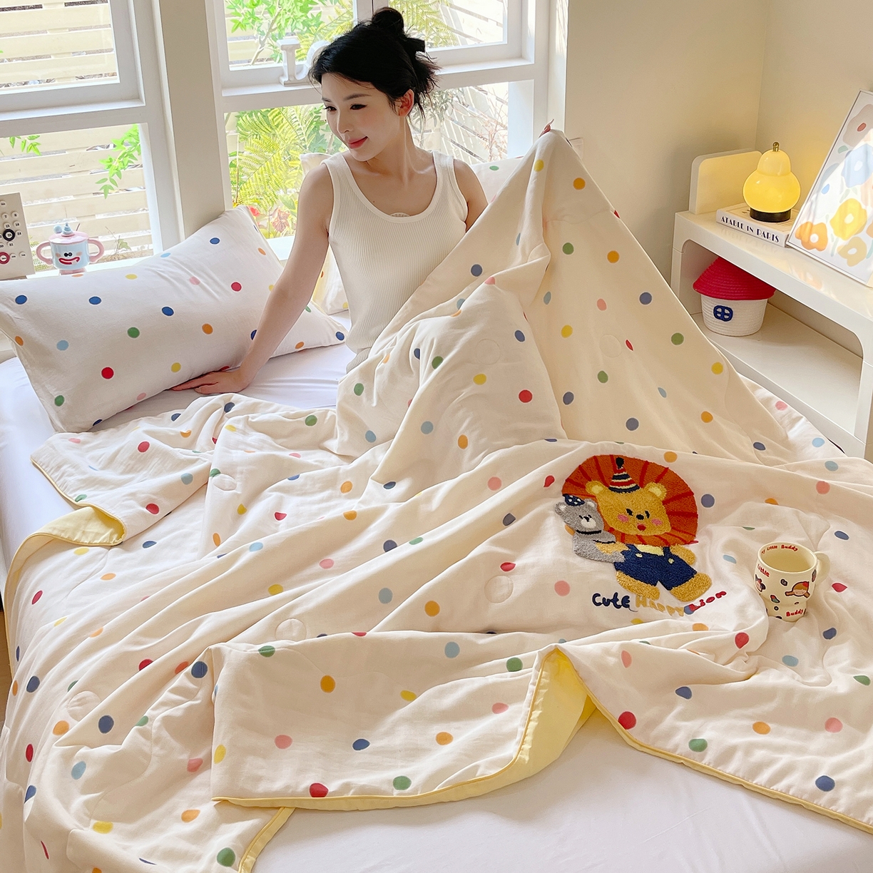 91家纺网 家纺一手货源 找家纺 （总）莱宁被业 2026新款原创设计A类全棉有氧双层纱毛巾绣大豆夏被