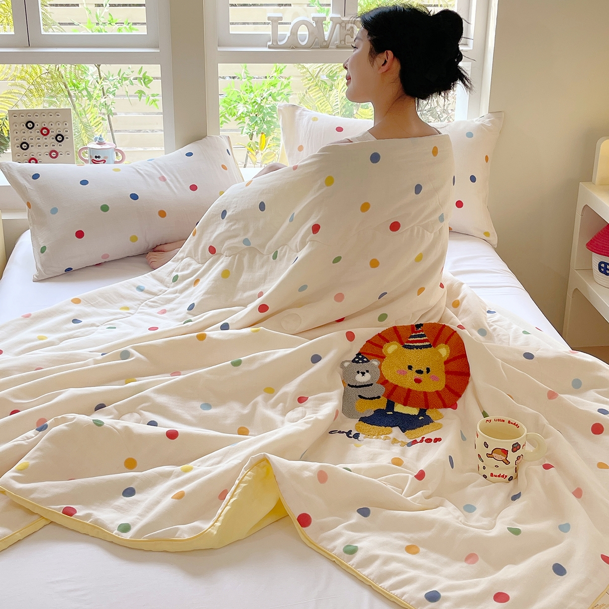 91家纺网 家纺一手货源 找家纺 （总）莱宁被业 2026新款原创设计A类全棉有氧双层纱毛巾绣大豆夏被