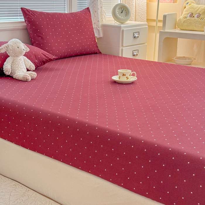 91家纺网 家纺一手货源 找家纺 爱多多家居 2026春夏新款水洗古棉单床笠 床笠三件套 床笠-酒红波点