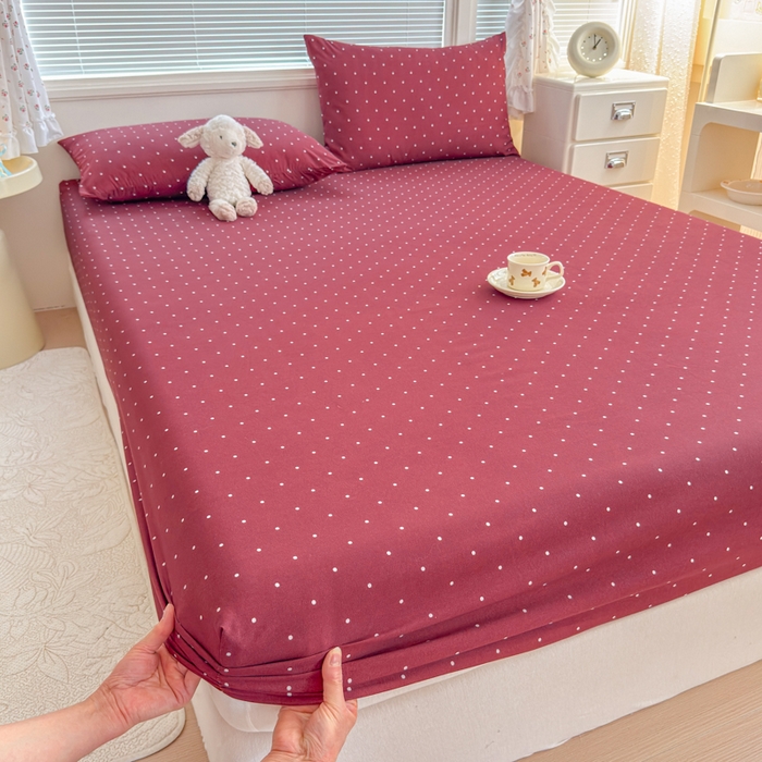 爱多多家居 2026春夏新款水洗古棉单床笠 床笠三件套 床笠-酒红波点