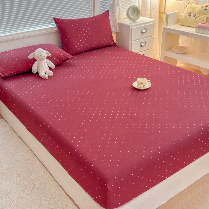 91家纺网 家纺一手货源 找家纺 爱多多家居 2026春夏新款水洗古棉单床笠 床笠三件套 床笠-酒红波点