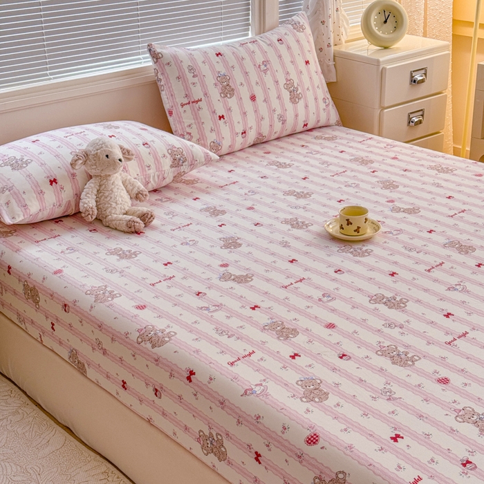 91家纺网 家纺一手货源 找家纺 爱多多家居 2026春夏新款水洗古棉单床笠 床笠三件套 床笠-晚安熊