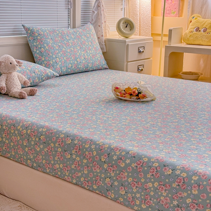 91家纺网 家纺一手货源 找家纺 爱多多家居 2026春夏新款水洗古棉单床笠 床笠三件套 床笠-薄荷玫瑰