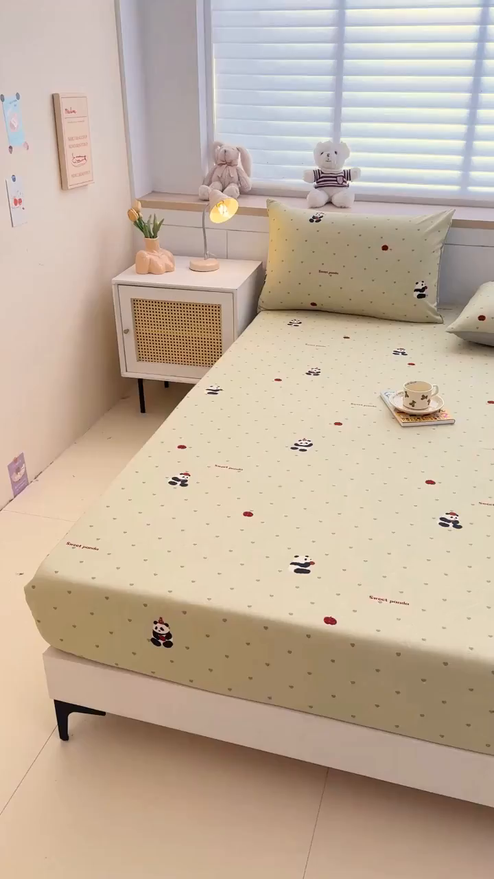 91家纺网 家纺一手货源 找家纺 爱多多家居 2026春夏新款水洗古棉单床笠 床笠三件套 床笠-熊猫绿