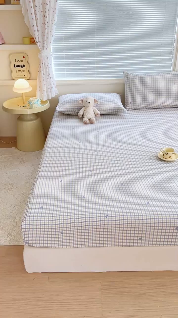 91家纺网 家纺一手货源 找家纺 爱多多家居 2026春夏新款水洗古棉单床笠 床笠三件套 床笠-星野格子