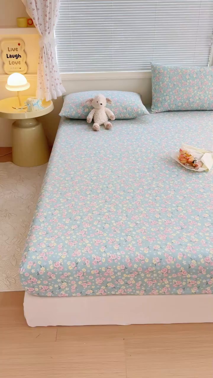 91家纺网 家纺一手货源 找家纺 爱多多家居 2026春夏新款水洗古棉单床笠 床笠三件套 床笠-薄荷玫瑰