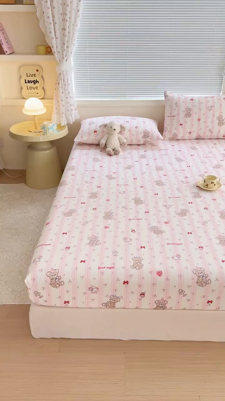 91家纺网 家纺一手货源 找家纺 爱多多家居 2026春夏新款水洗古棉单床笠 床笠三件套 床笠-晚安熊