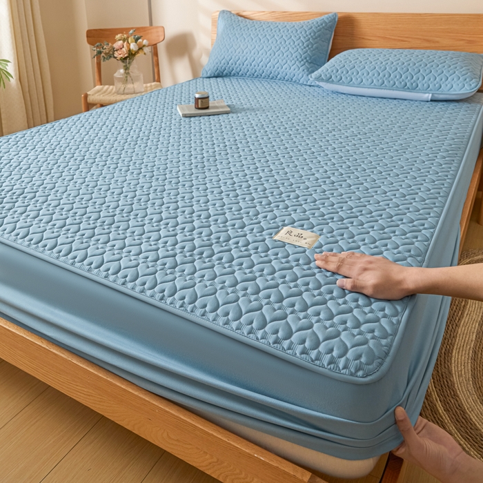 91家纺网 家纺一手货源 找家纺 曼陀罗 2026新款A类母婴级新疆棉花夹棉防水单床笠 床笠单件-倾心 倾心-雾蓝