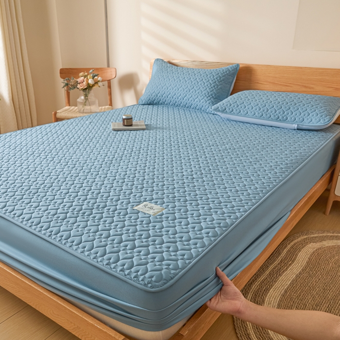 91家纺网 家纺一手货源 找家纺 曼陀罗 2026新款A类母婴级新疆棉花夹棉防水单床笠 床笠单件-倾心 倾心-雾蓝