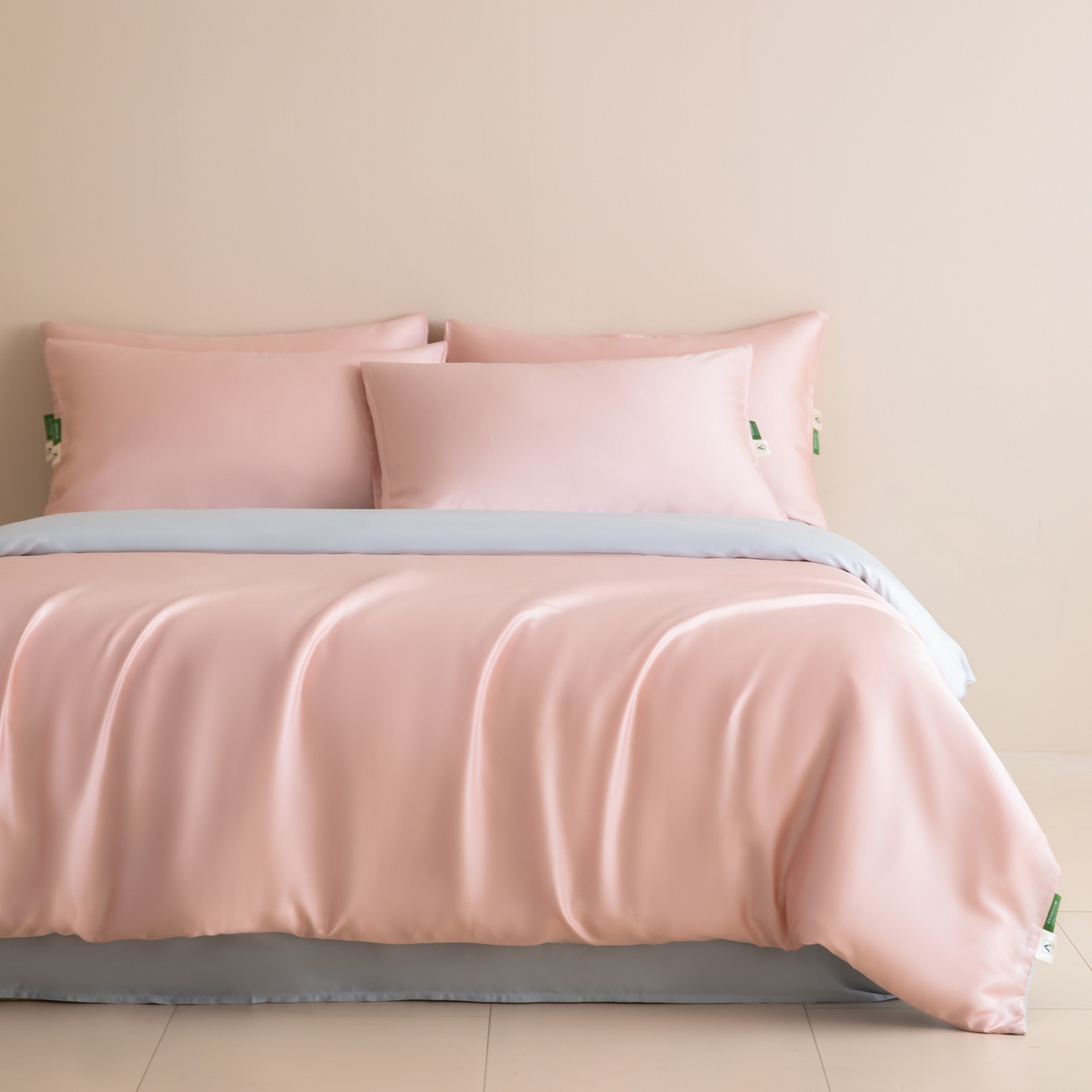 91家纺网 家纺一手货源 找家纺 眠博士 2026新款60S天丝莱赛尔纯色四件套 60S天丝套件-云朵粉+蓝