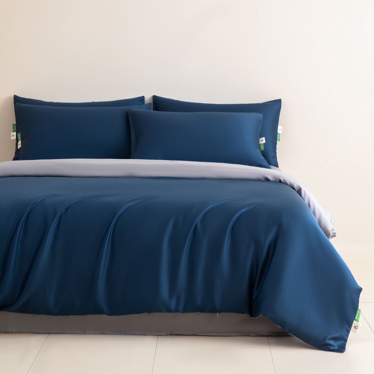 91家纺网 家纺一手货源 找家纺 眠博士 2026新款60S天丝莱赛尔纯色四件套 60S天丝套件-米亚蓝+灰