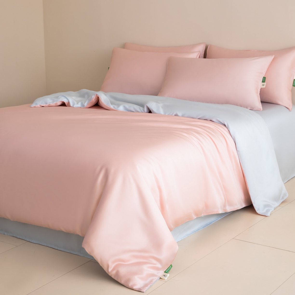 91家纺网 家纺一手货源 找家纺 眠博士 2026新款60S天丝莱赛尔纯色四件套 60S天丝套件-云朵粉+蓝