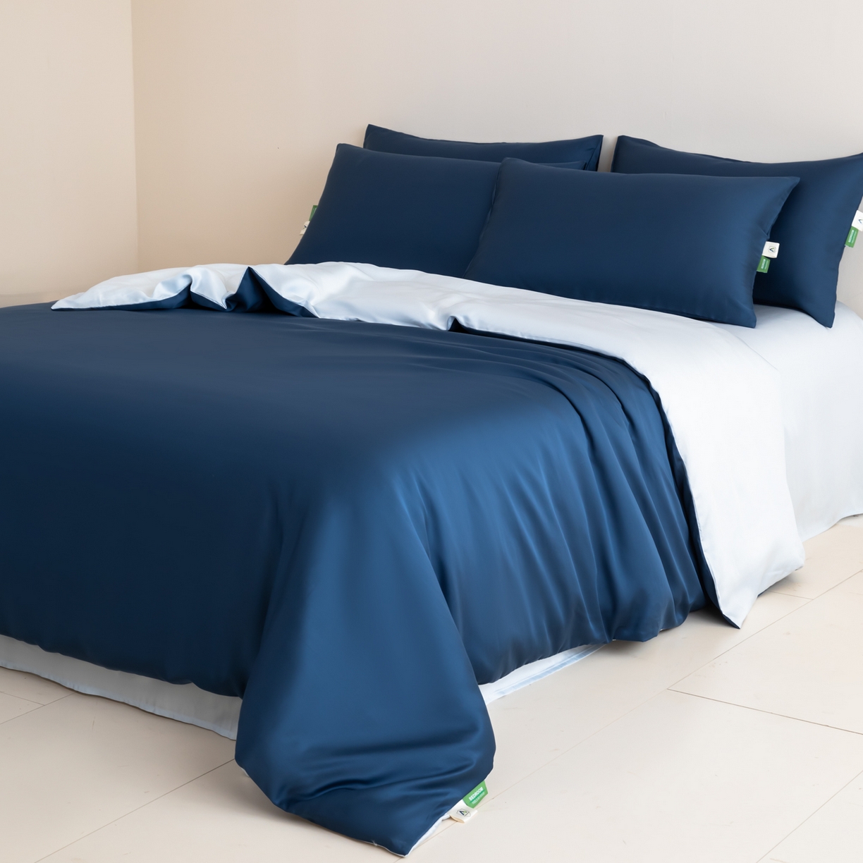 91家纺网 家纺一手货源 找家纺 眠博士 2026新款60S天丝莱赛尔纯色四件套 60S天丝套件-米亚蓝+蓝