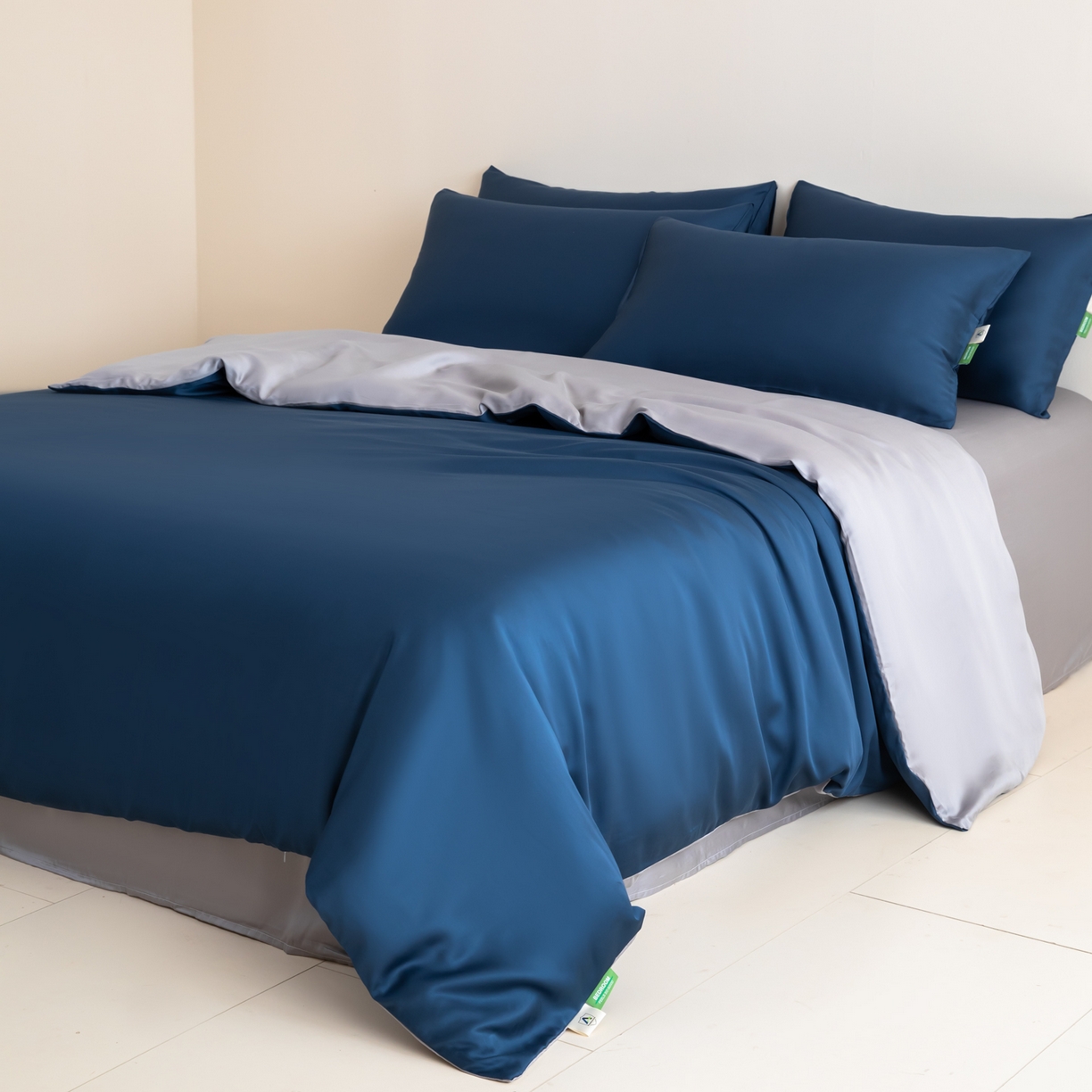 91家纺网 家纺一手货源 找家纺 眠博士 2026新款60S天丝莱赛尔纯色四件套 60S天丝套件-米亚蓝+灰