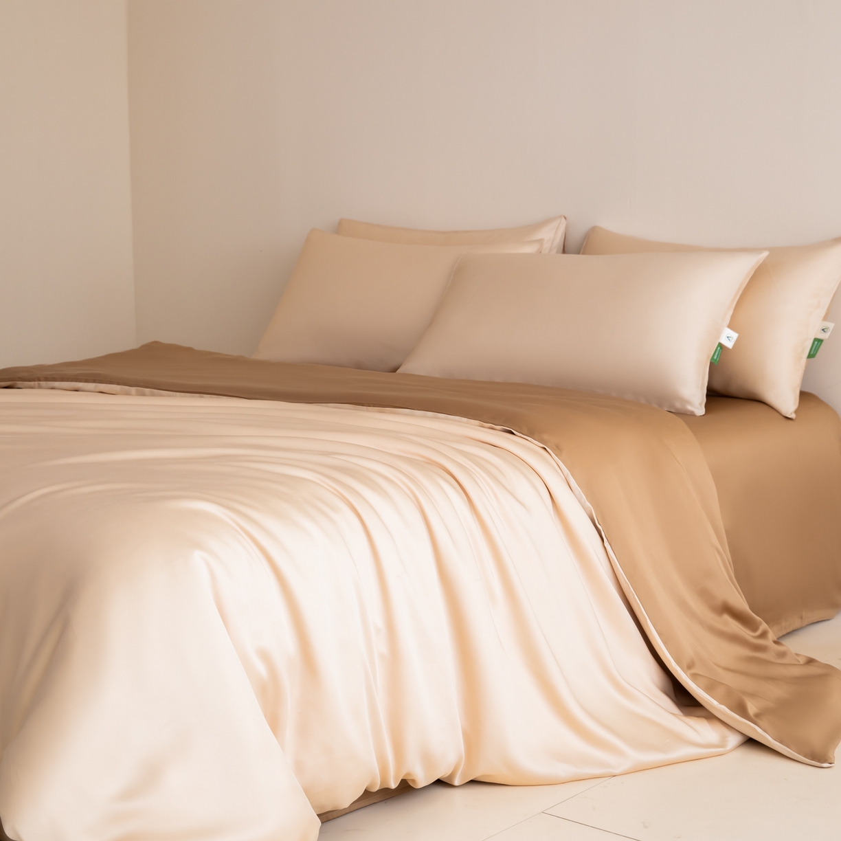 91家纺网 家纺一手货源 找家纺 眠博士 2026新款60S天丝莱赛尔纯色四件套 60S天丝套件-浅茶色+咖