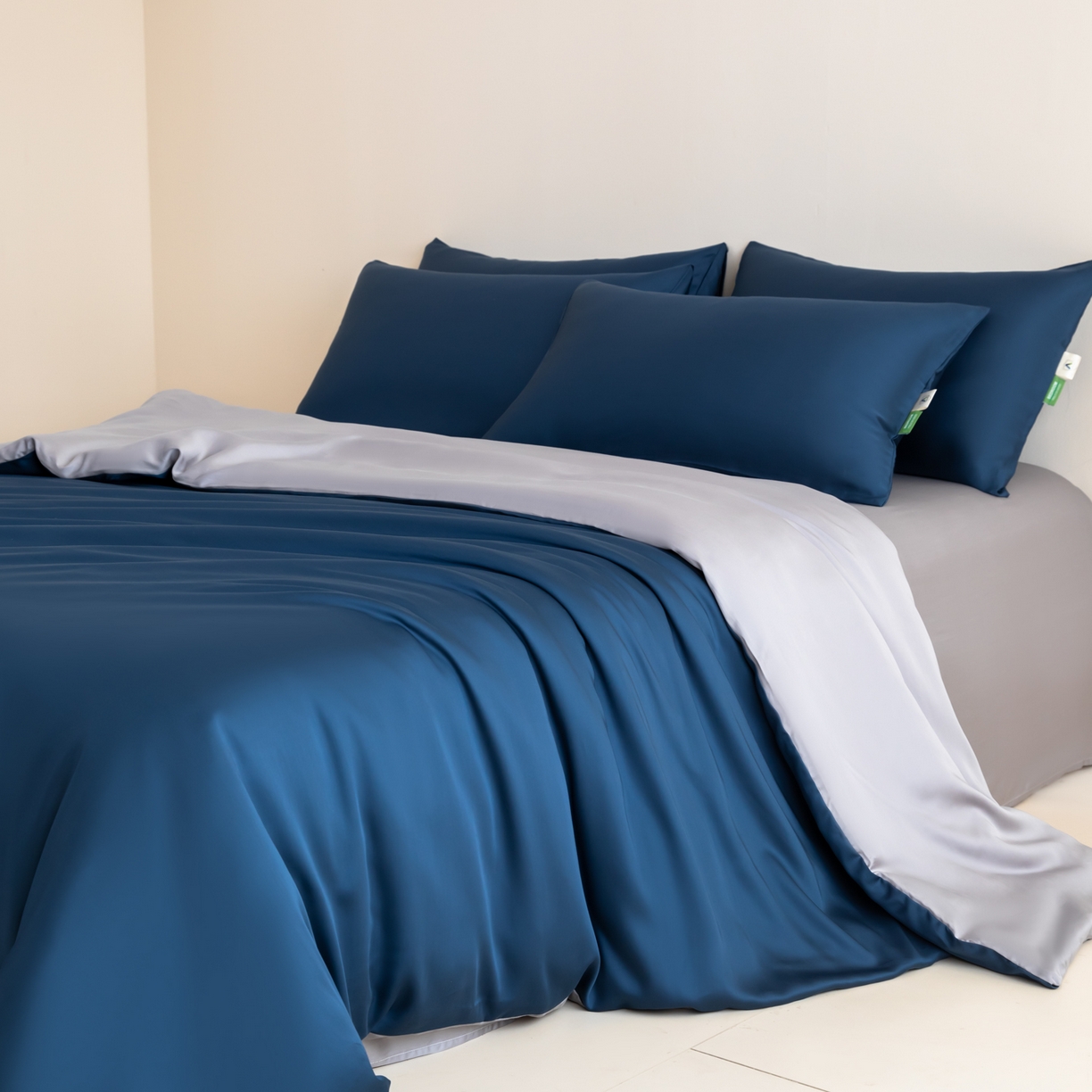 91家纺网 家纺一手货源 找家纺 眠博士 2026新款60S天丝莱赛尔纯色四件套 60S天丝套件-米亚蓝+灰