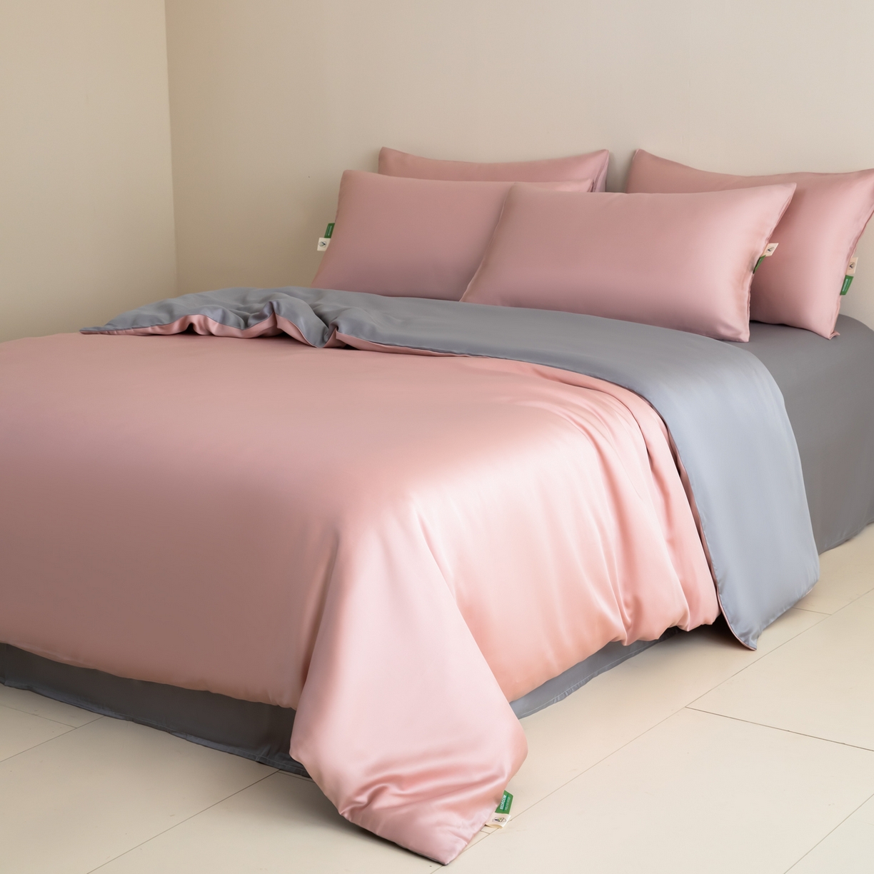 91家纺网 家纺一手货源 找家纺 眠博士 2026新款60S天丝莱赛尔纯色四件套 60S天丝套件-藕粉+灰