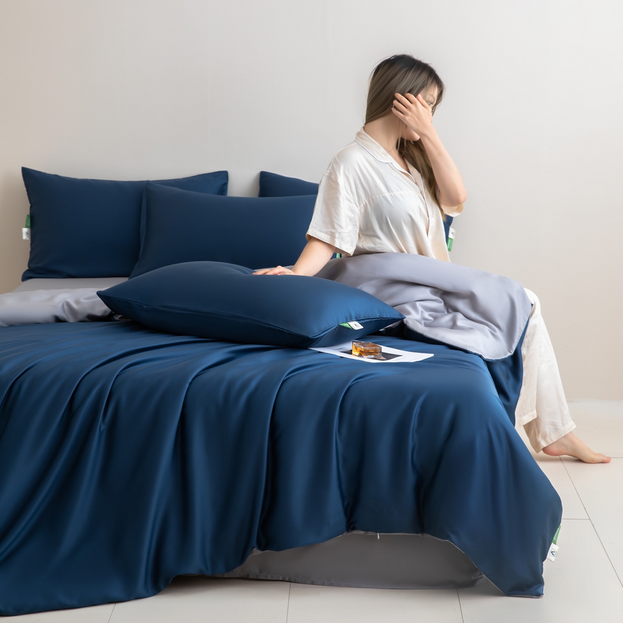 91家纺网 家纺一手货源 找家纺 眠博士 2026新款60S天丝莱赛尔纯色四件套 60S天丝套件-米亚蓝+灰