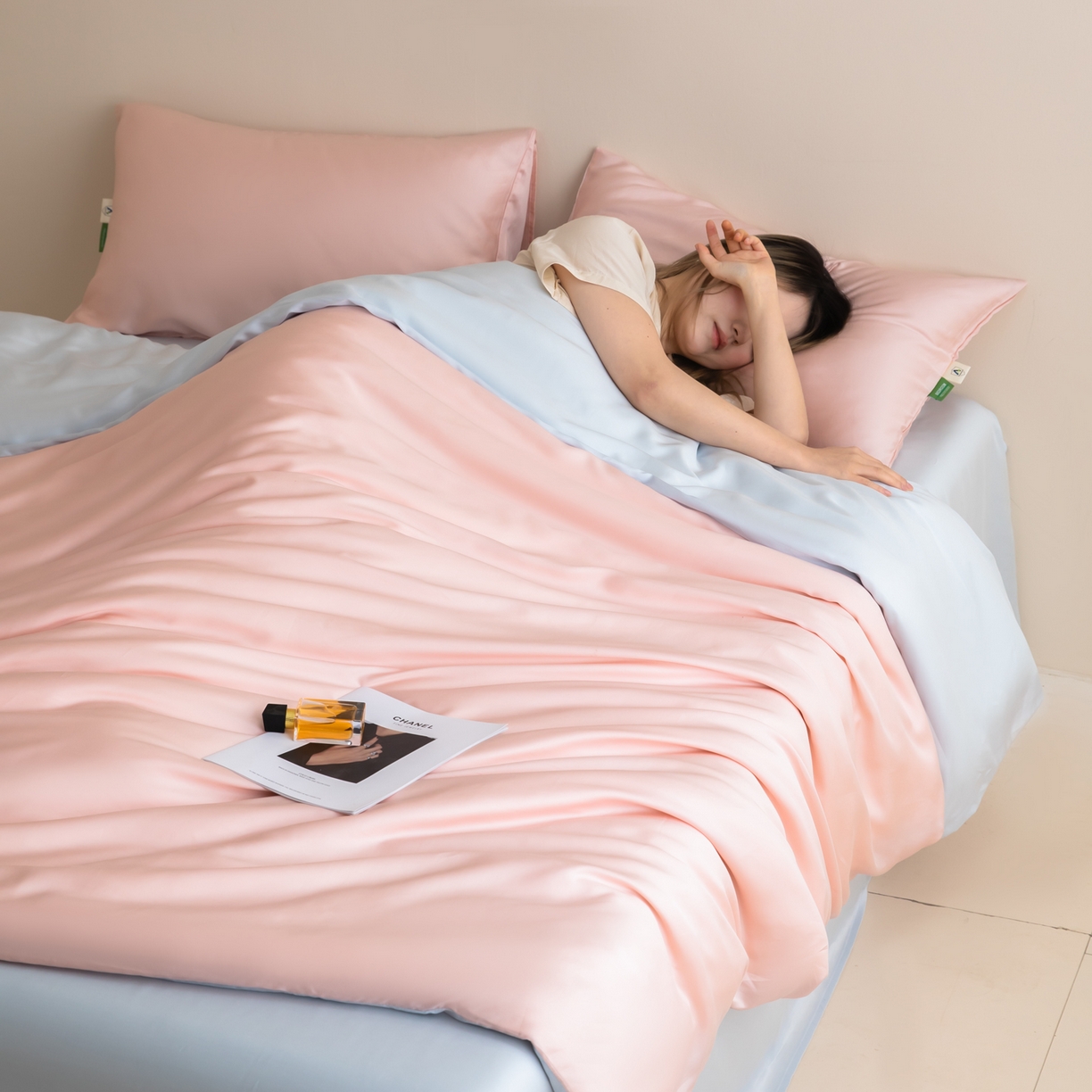 眠博士 2026新款60S天丝莱赛尔纯色四件套 60S天丝套件-云朵粉+蓝