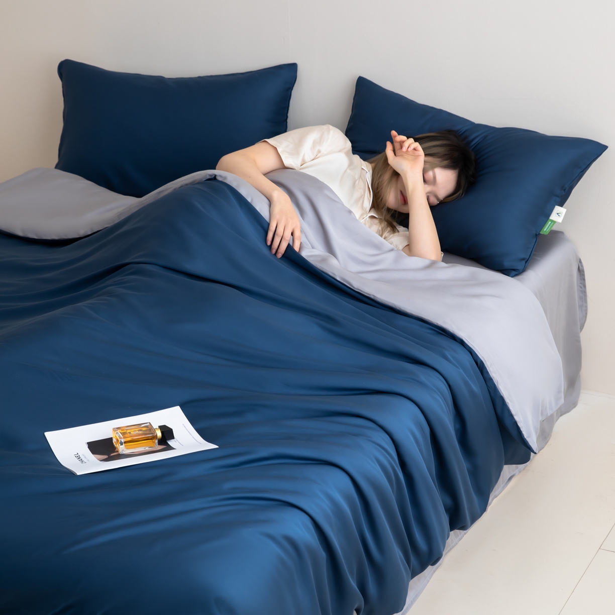 眠博士 2026新款60S天丝莱赛尔纯色四件套 60S天丝套件-米亚蓝+灰