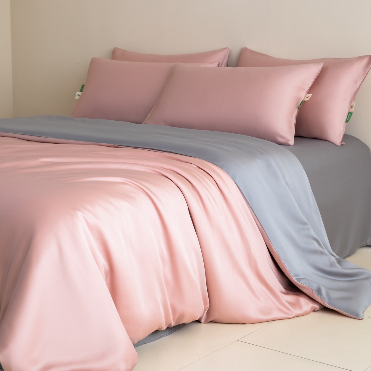 91家纺网 家纺一手货源 找家纺 眠博士 2026新款60S天丝莱赛尔纯色四件套 60S天丝套件-藕粉+灰