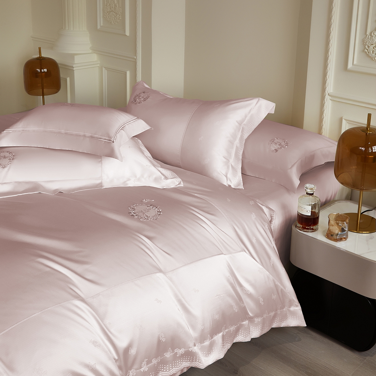 91家纺网 家纺一手货源 找家纺 蒂爵 2026新款高支天丝棉四件套 粉豆沙