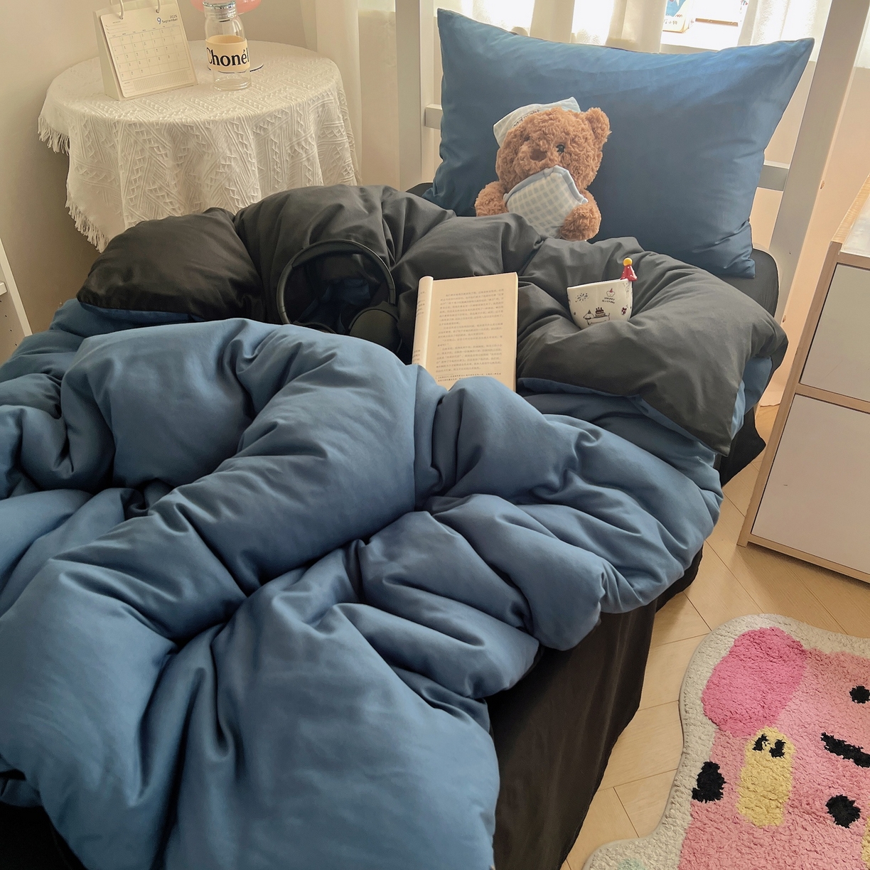 91家纺网 家纺一手货源 找家纺 缦绣阁家纺 2026新款亲肤水洗棉纯色四件套床单被罩被套单件学生宿舍上下铺单人三件套 宝兰酷黑