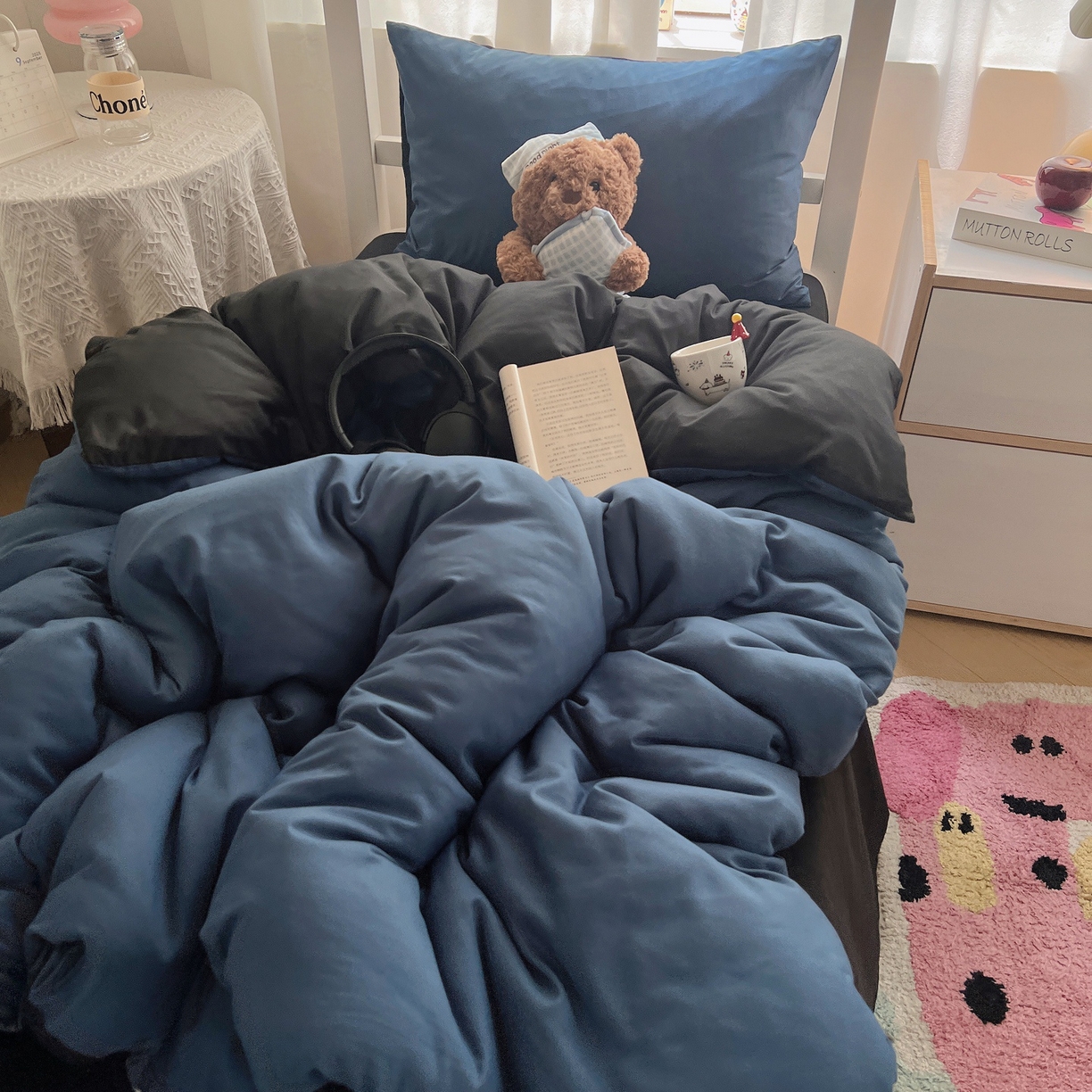 91家纺网 家纺一手货源 找家纺 缦绣阁家纺 2026新款亲肤水洗棉纯色四件套床单被罩被套单件学生宿舍上下铺单人三件套 宝兰酷黑