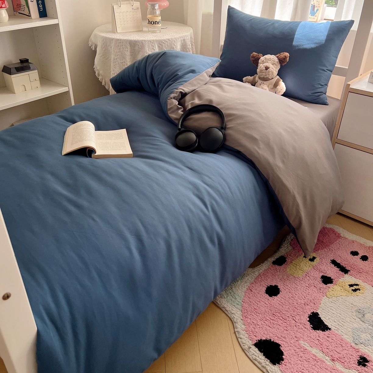 91家纺网 家纺一手货源 找家纺 缦绣阁家纺 2026新款亲肤水洗棉纯色四件套床单被罩被套单件学生宿舍上下铺单人三件套 宝兰浅灰