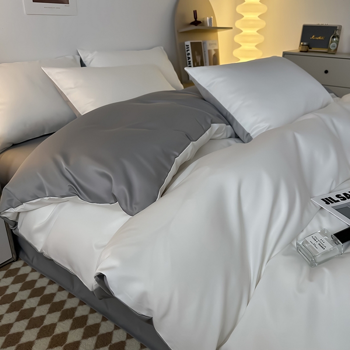 缦绣阁家纺  2026新款夏季轻奢水洗冰丝四件套真丝简约纯色被罩被套学生宿舍三件套-洛可可系列 洛可可-白+浅灰