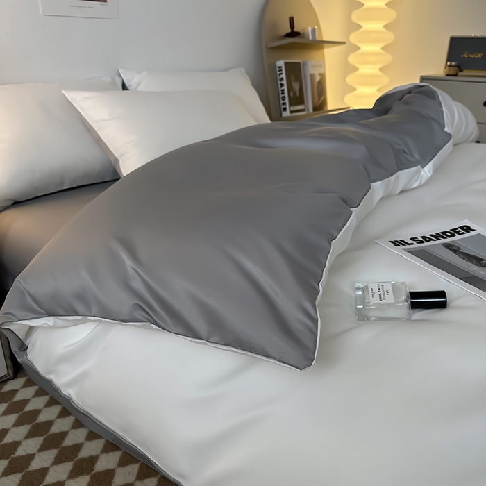 91家纺网 家纺一手货源 找家纺 缦绣阁家纺  2026新款夏季轻奢水洗冰丝四件套真丝简约纯色被罩被套学生宿舍三件套-洛可可系列 洛可可-白+浅灰