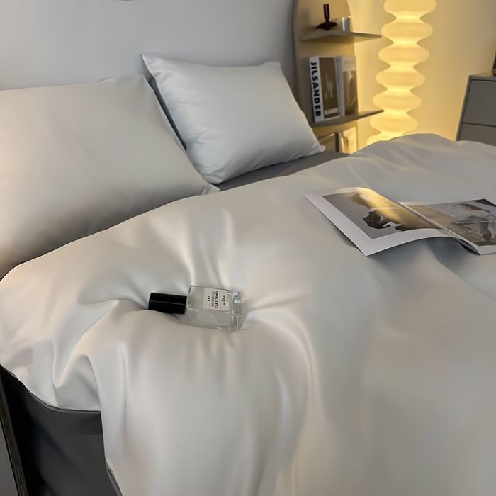 91家纺网 家纺一手货源 找家纺 缦绣阁家纺  2026新款夏季轻奢水洗冰丝四件套真丝简约纯色被罩被套学生宿舍三件套-洛可可系列 洛可可-白+浅灰