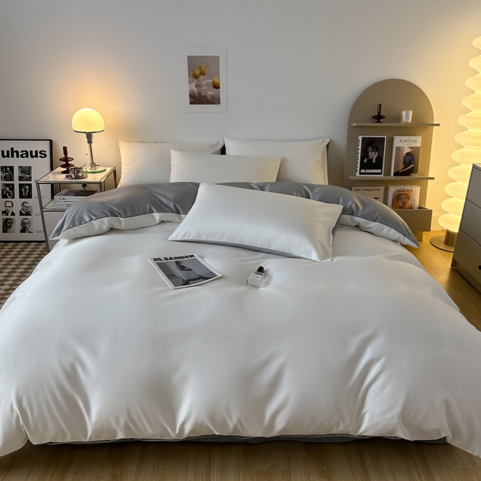 91家纺网 家纺一手货源 找家纺 缦绣阁家纺  2026新款夏季轻奢水洗冰丝四件套真丝简约纯色被罩被套学生宿舍三件套-洛可可系列 洛可可-白+浅灰