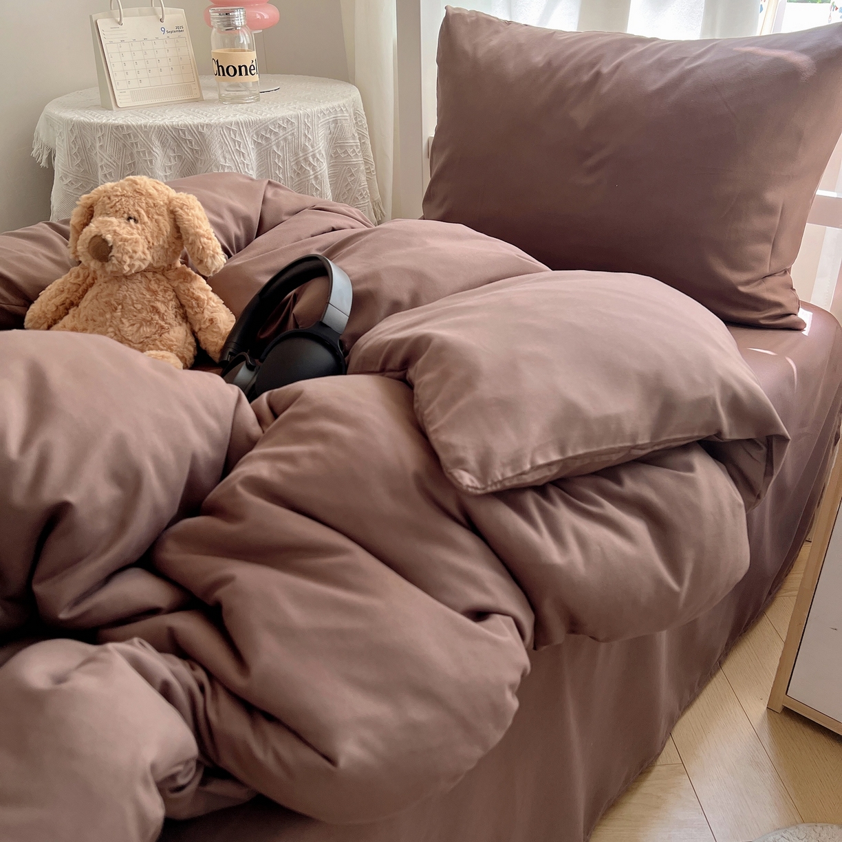 91家纺网 家纺一手货源 找家纺 缦绣阁家纺 2026新款亲肤水洗棉纯色四件套床单被罩被套单件学生宿舍上下铺单人三件套 纯色豆沙