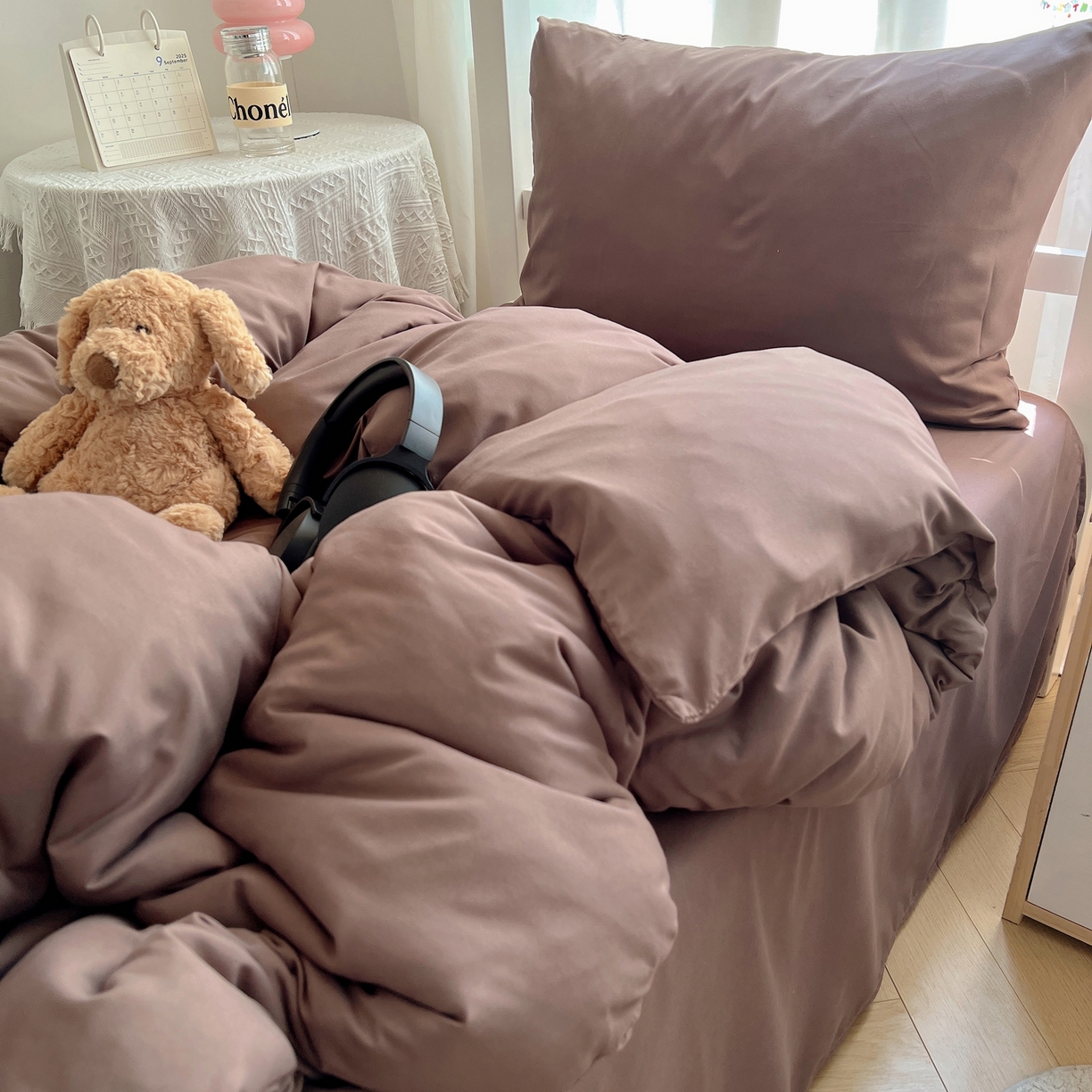 91家纺网 家纺一手货源 找家纺 缦绣阁家纺 2026新款亲肤水洗棉纯色四件套床单被罩被套单件学生宿舍上下铺单人三件套 纯色豆沙