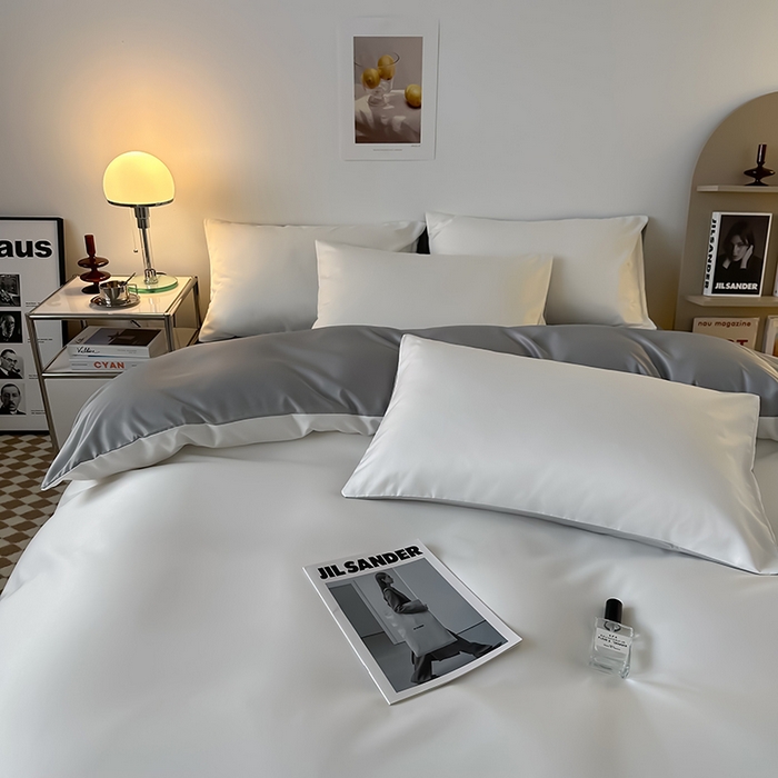 91家纺网 家纺一手货源 找家纺 缦绣阁家纺  2026新款夏季轻奢水洗冰丝四件套真丝简约纯色被罩被套学生宿舍三件套-洛可可系列 洛可可-白+浅灰