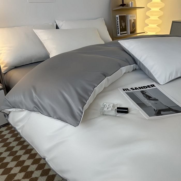 91家纺网 家纺一手货源 找家纺 缦绣阁家纺  2026新款夏季轻奢水洗冰丝四件套真丝简约纯色被罩被套学生宿舍三件套-洛可可系列 洛可可-白+浅灰