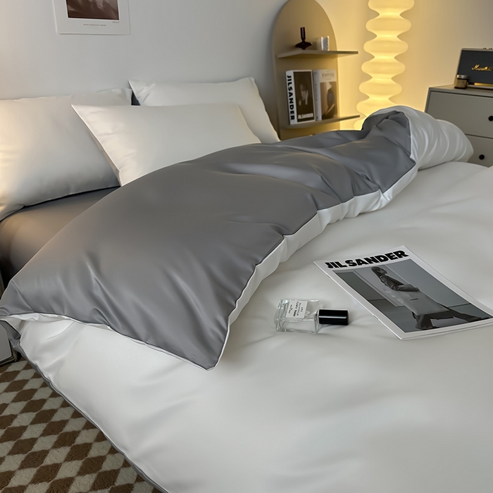 91家纺网 家纺一手货源 找家纺 缦绣阁家纺  2026新款夏季轻奢水洗冰丝四件套真丝简约纯色被罩被套学生宿舍三件套-洛可可系列 洛可可-白+浅灰