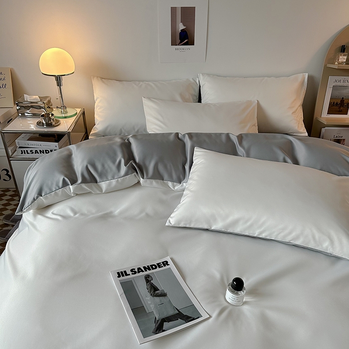 91家纺网 家纺一手货源 找家纺 缦绣阁家纺  2026新款夏季轻奢水洗冰丝四件套真丝简约纯色被罩被套学生宿舍三件套-洛可可系列 洛可可-白+银灰