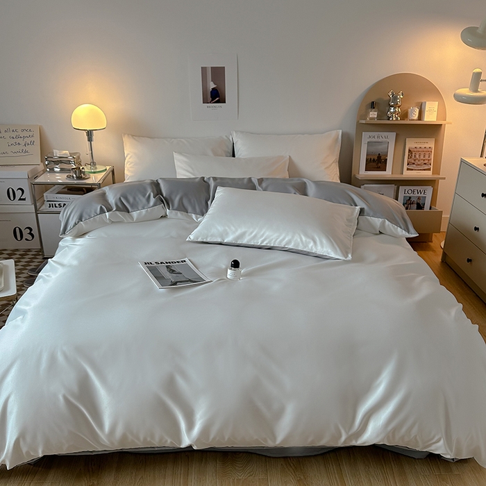 91家纺网 家纺一手货源 找家纺 缦绣阁家纺  2026新款夏季轻奢水洗冰丝四件套真丝简约纯色被罩被套学生宿舍三件套-洛可可系列 洛可可-白+银灰