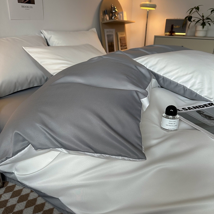 91家纺网 家纺一手货源 找家纺 缦绣阁家纺  2026新款夏季轻奢水洗冰丝四件套真丝简约纯色被罩被套学生宿舍三件套-洛可可系列 洛可可-白+银灰